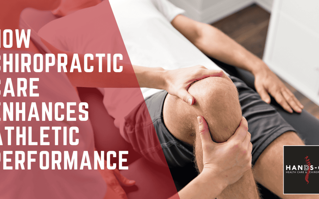A chiropractor provides an adjustment on an athlete&rsquo;s knee with the blog title on the left.