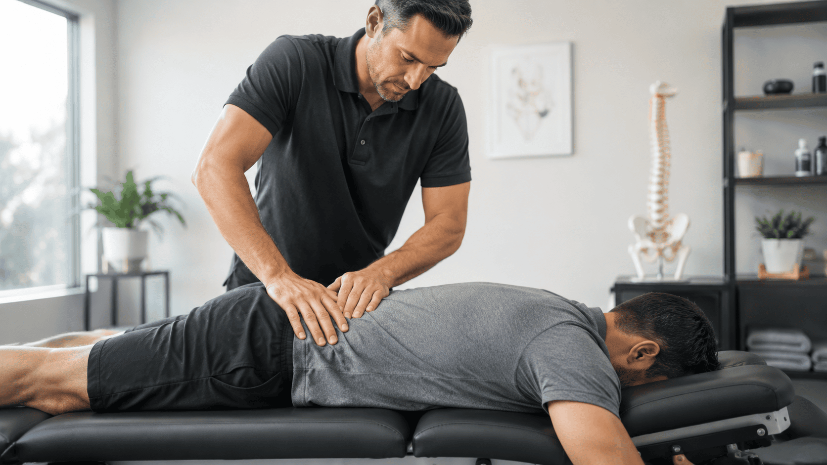 Chiropractor evaluating common causes of back pain in a modern clinic
