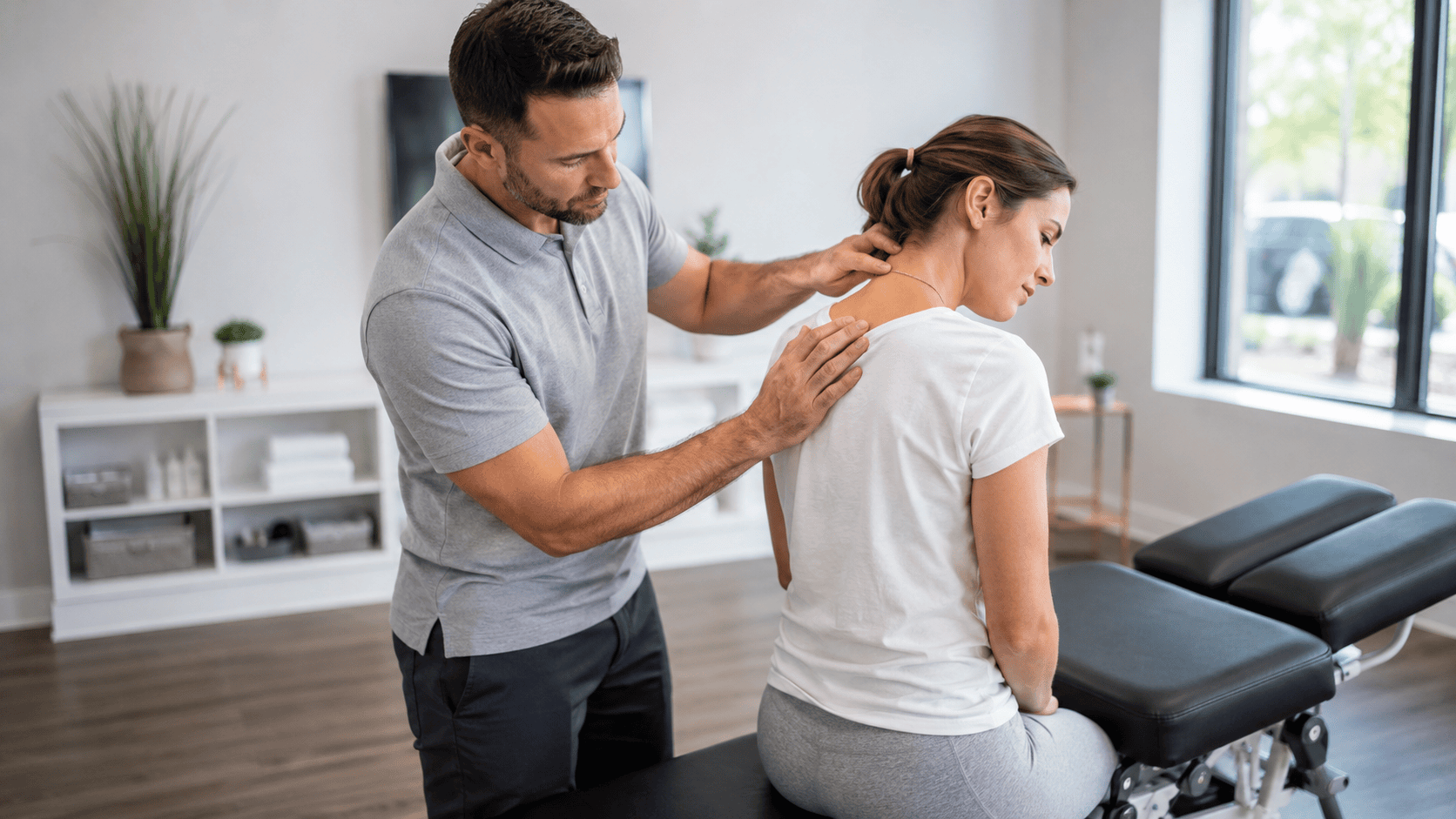 Chiropractor evaluating soft tissue injuries after a car accident