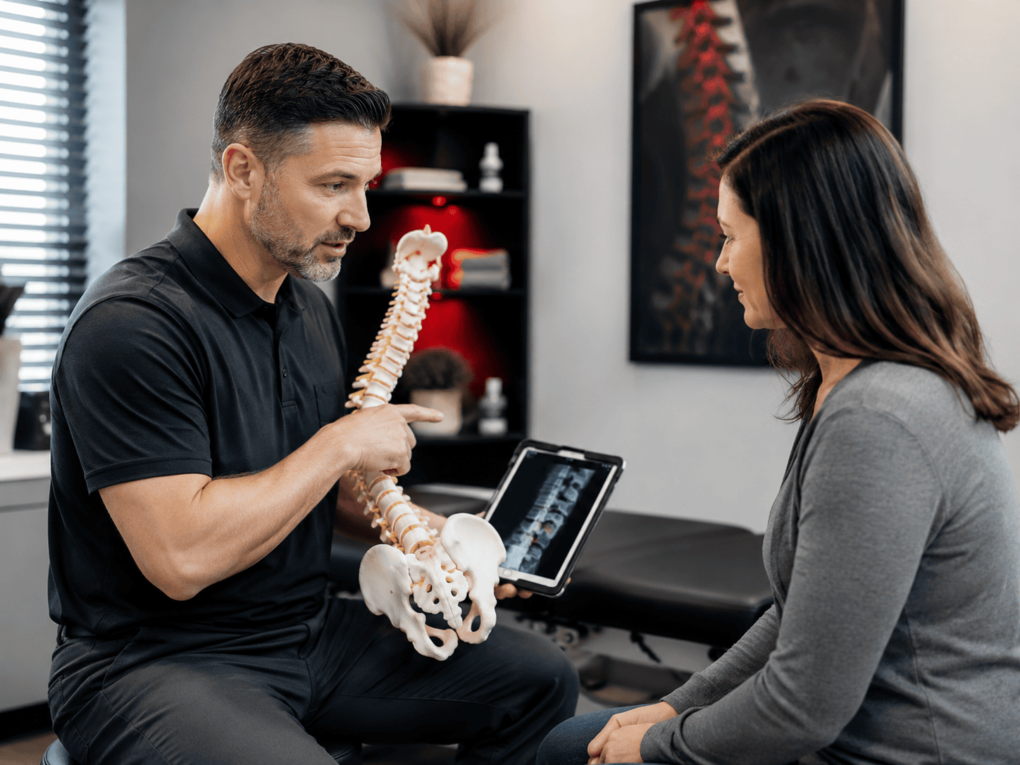 Chiropractor discussing spinal decompression therapy for back pain with a patient