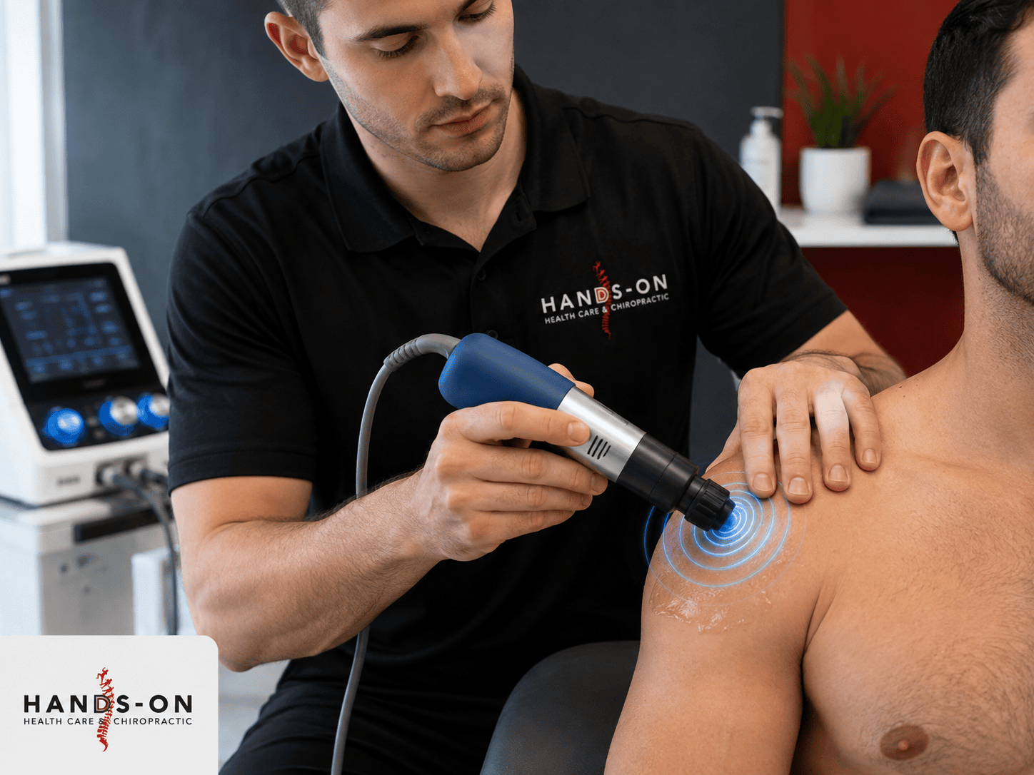 Shockwave Therapy applied to a patient's shoulder at Hands-On Health Care & Chiropractic